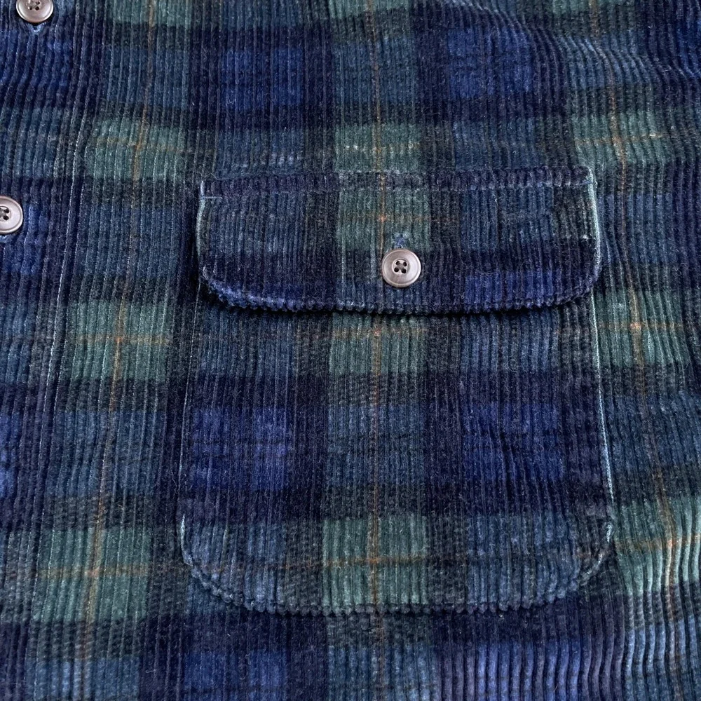 Vintage Eddie Bauer Shirt Mens XL Blue Green Plaid Wide Wale Corduroy Button Up